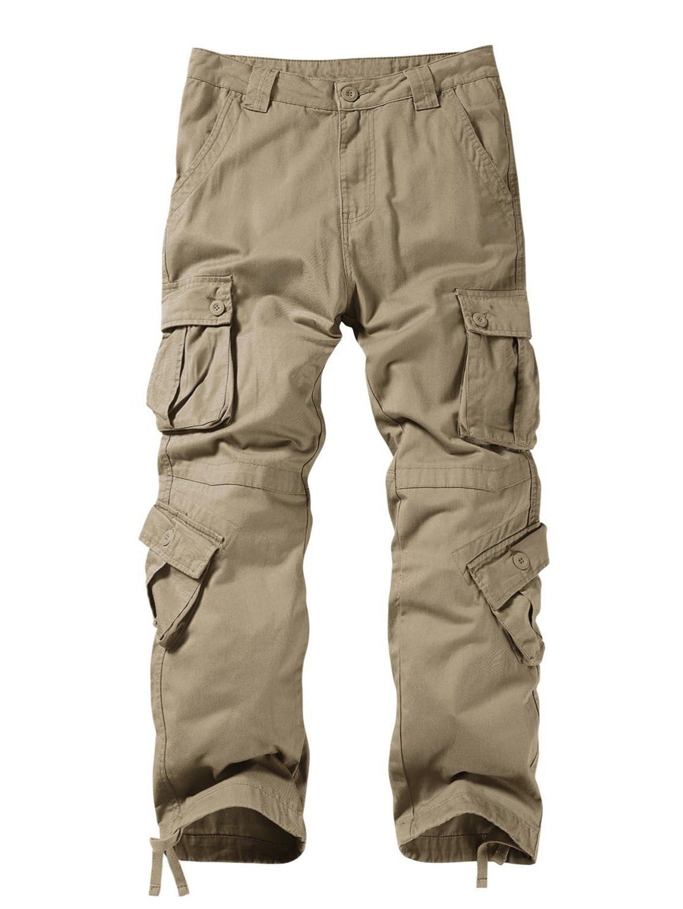 Original Cotton British Khaki Multi Flap Pockets Men's Straight Leg Cargo Pants, Loose Casual Outdoor Pants, Tactical Work Pants For Men