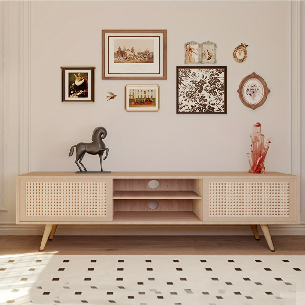 Rattan TV Stand with Double Sliding Storage, Natural, Living Room Cabinet