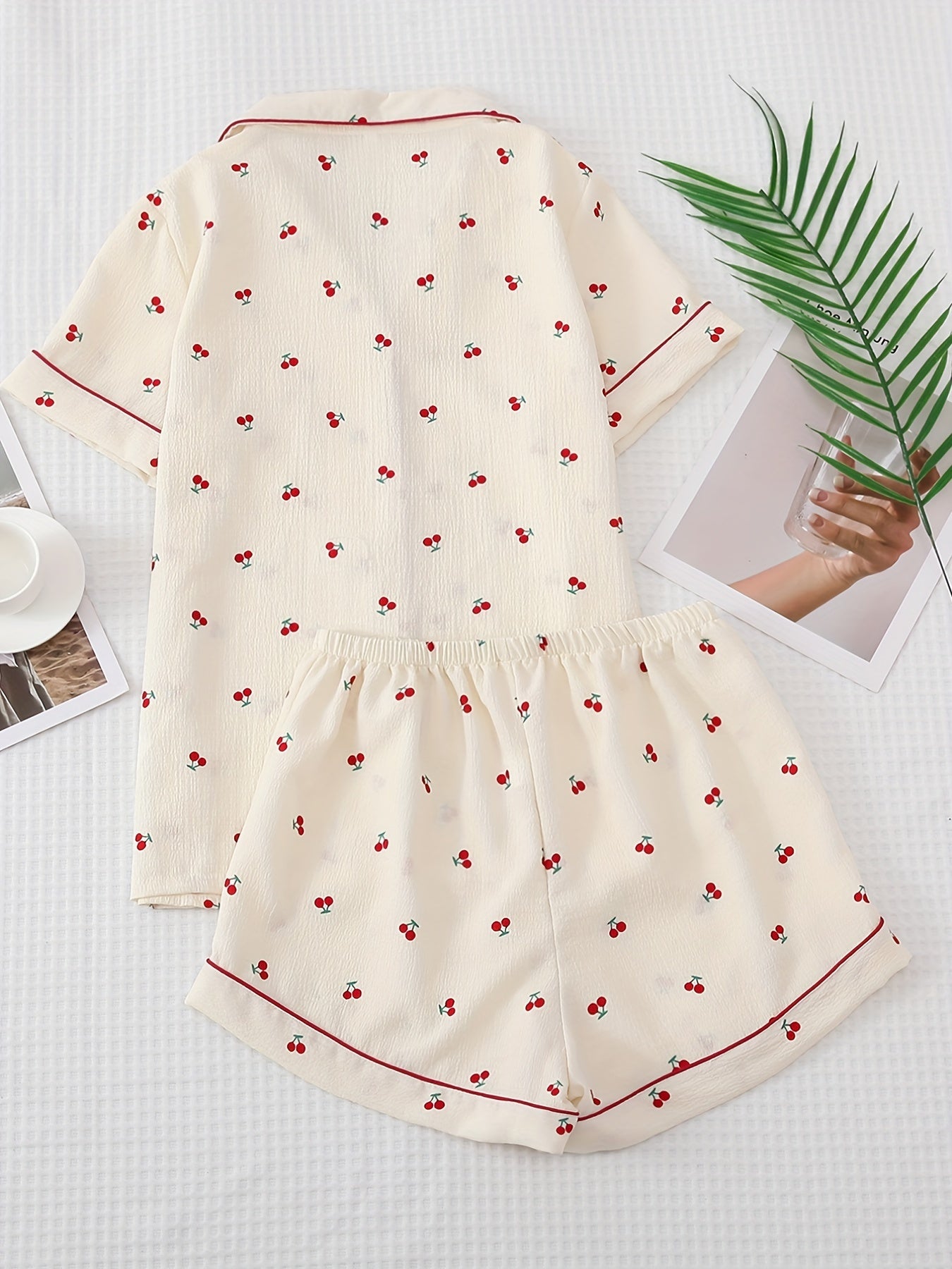 Cherry Print Pajama Set for Women - Sweet Lapel Button Top & Bow Shorts Set
