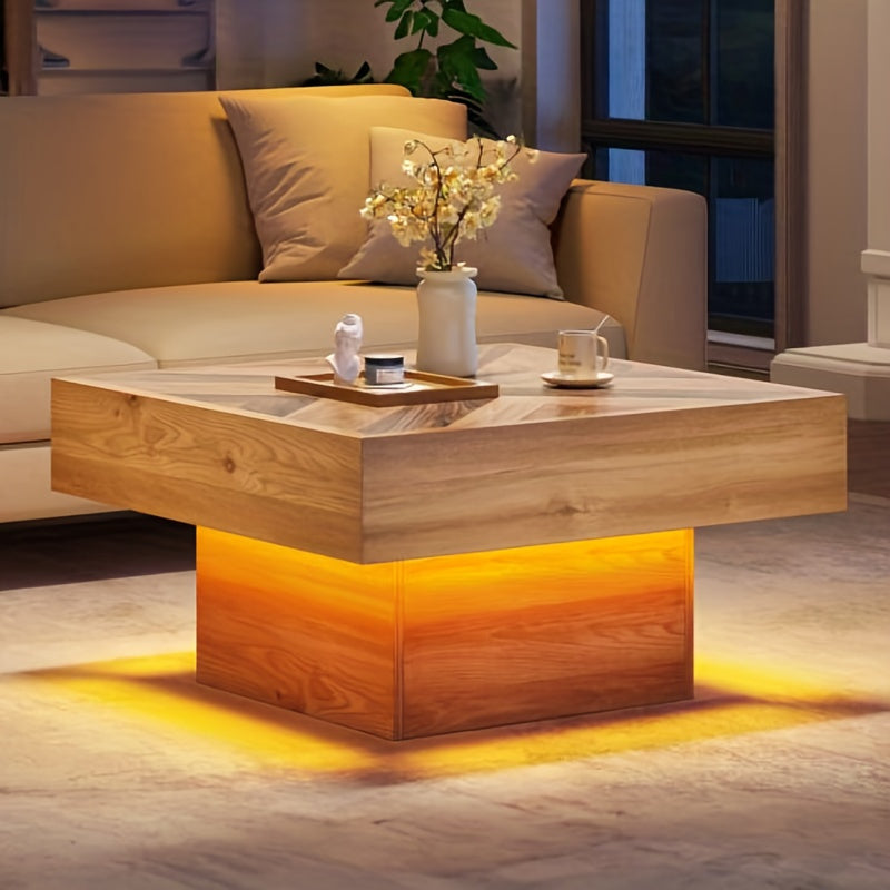 Modern Luxury Farmhouse Square LED Coffee Table with Storage, Brown, Office, Outdoor Living Room Center Table