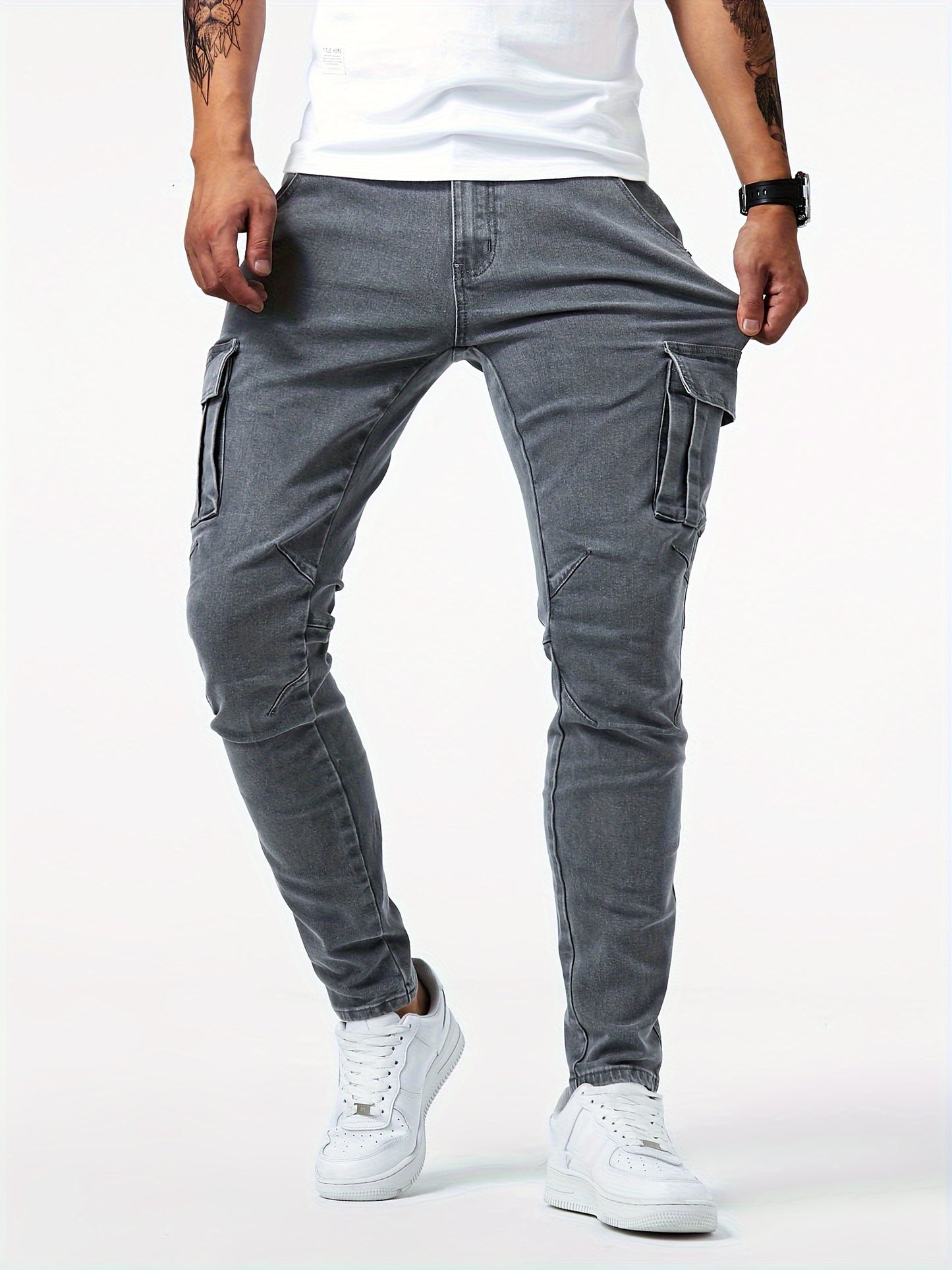 Men's Slim Fit Cargo Jeans with Multi Pockets, High Stretch Denim Pants for Spring Summer