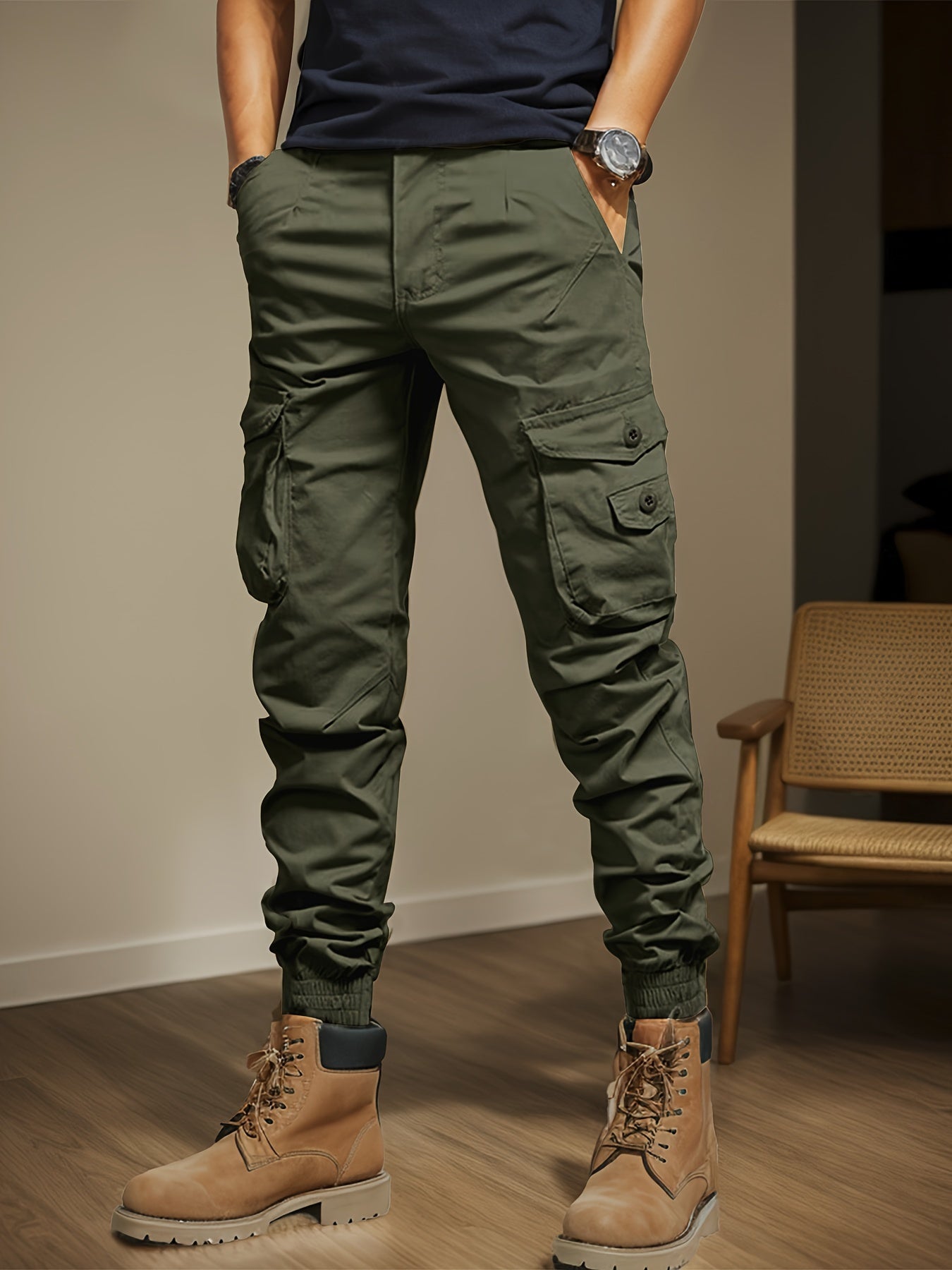 Men's Tapered Joggers with Multi Pockets, Chic Street Style Cargo Pants