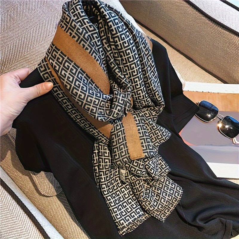 Unique Geometric Printed Scarf Stylish Gentle Thin Cotton Linen Feeling Shawl Spring Summer Outdoor Sunscreen Scarf