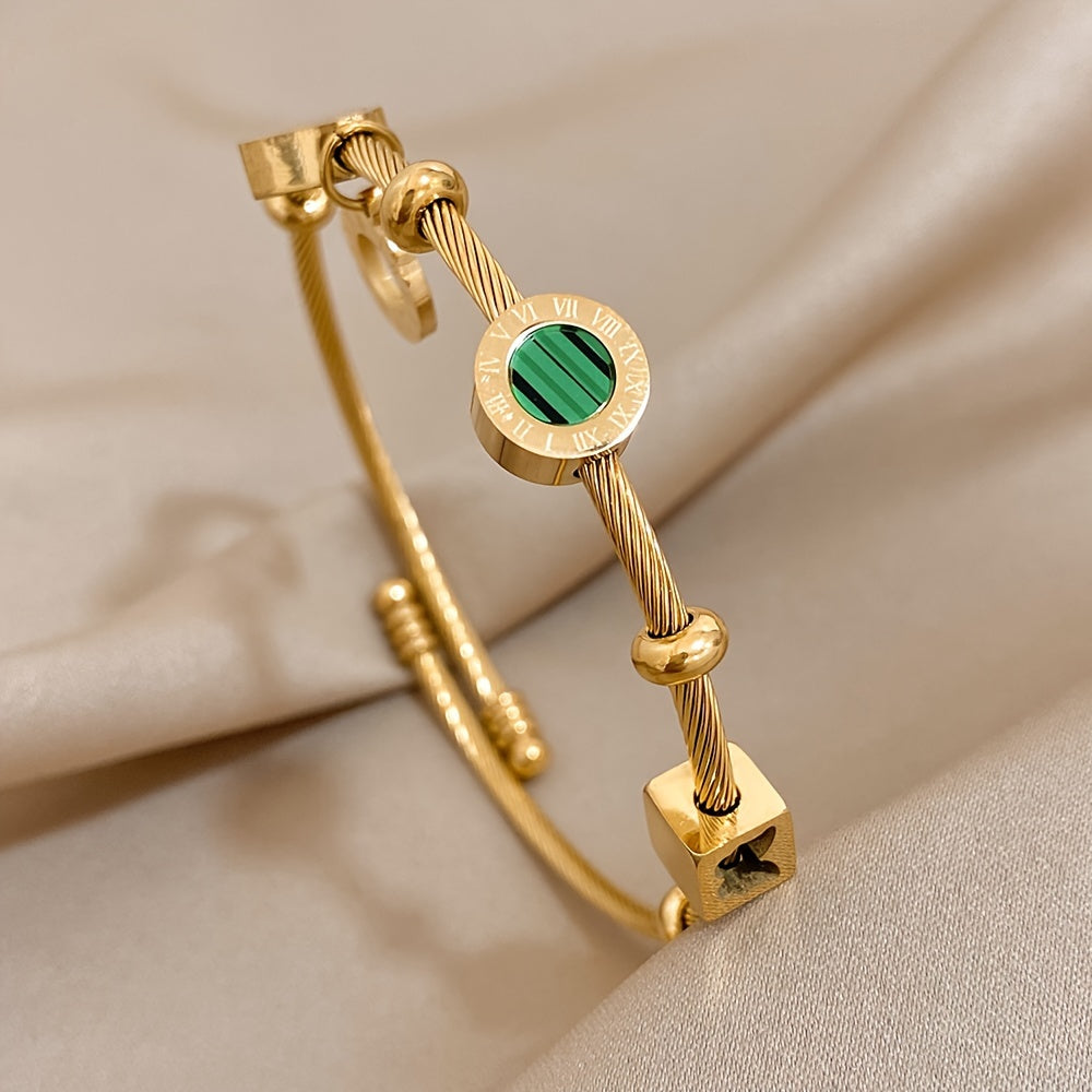 Golden Plated Stainless Steel Adjustable Bangle With Elegant Green Stone & Roman Numerals