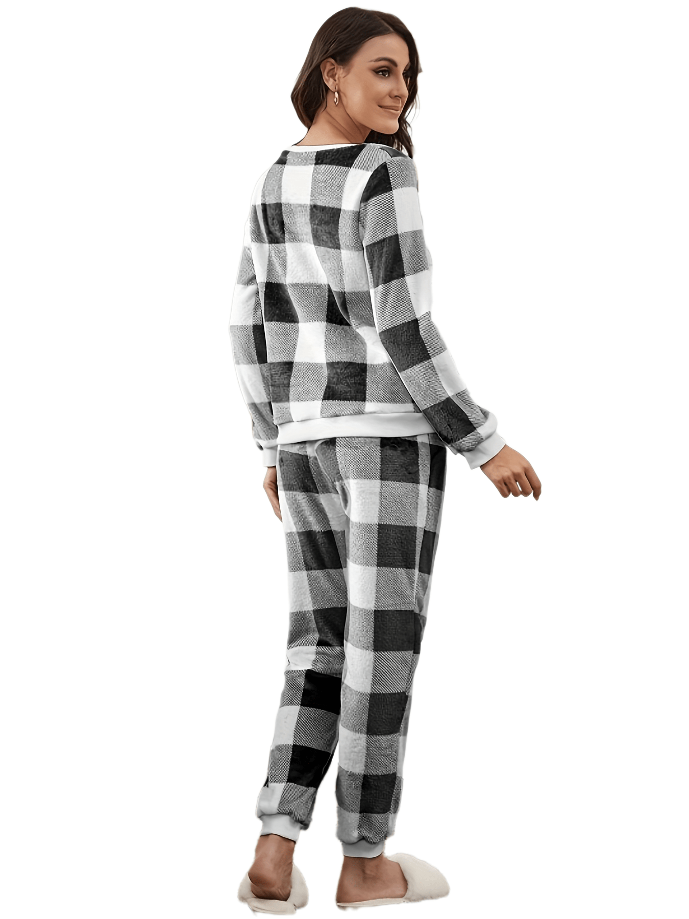 Comfy Cozy Plaid Flannel Pajama Set for Women - Long Sleeve Crew Neck Top & Elastic Waistband Pants, Machine Washable