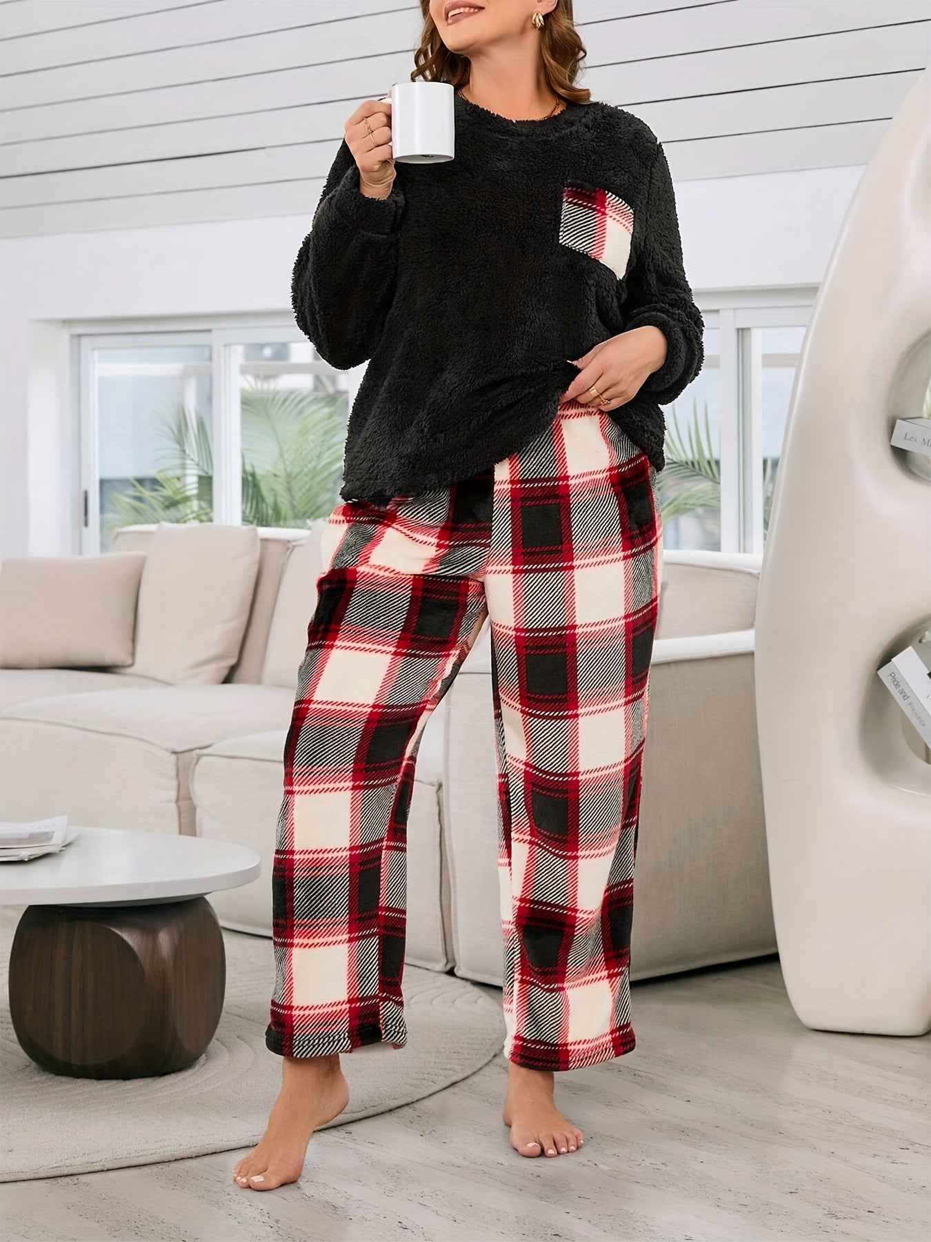 Plus Size Casual Lounge Set, Women's Plaid Pocket Patched Long Sleeve Flannel Top & Pants Pajama 2 Piece Set For Fall & Winter