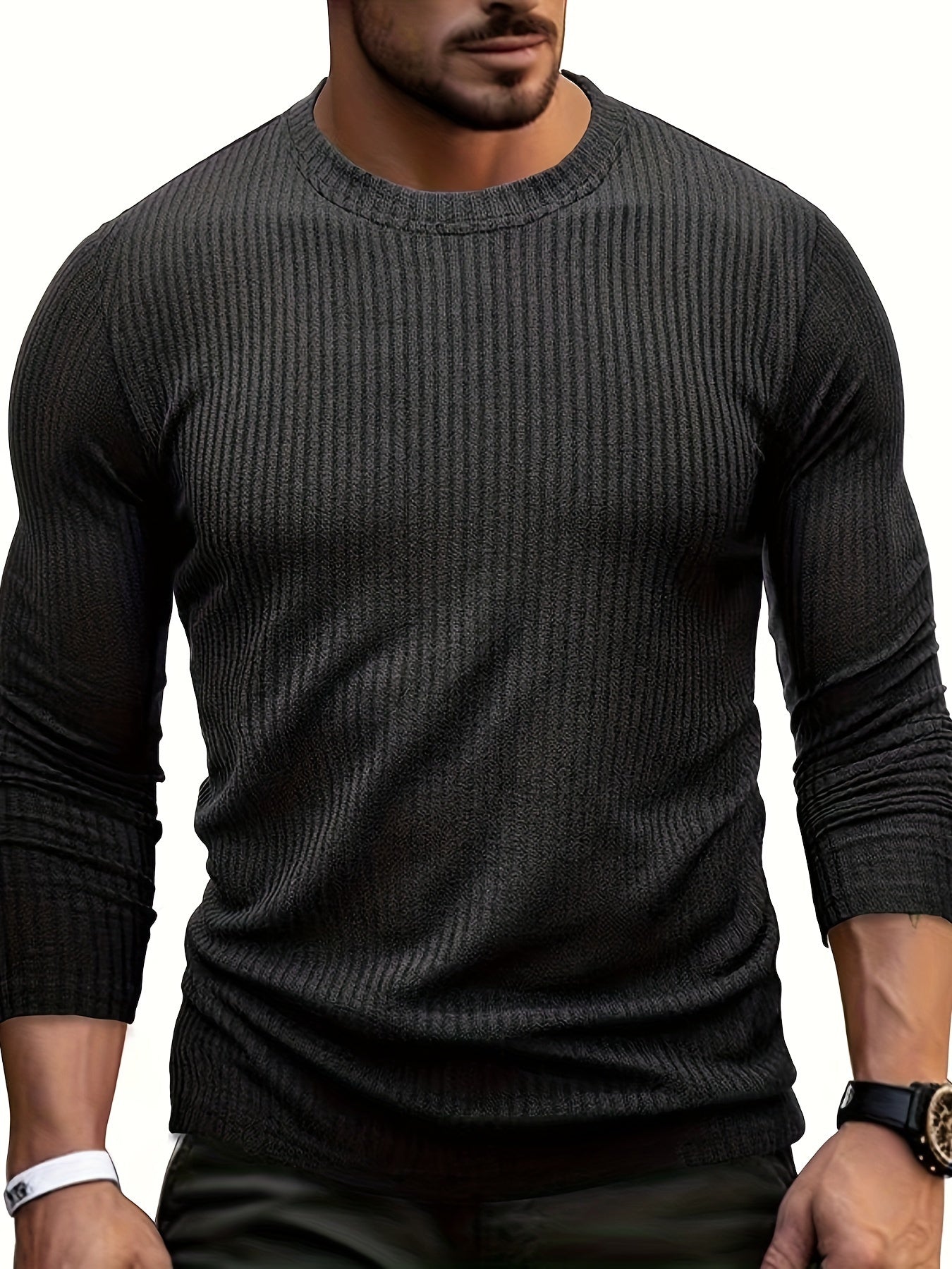 Men's Casual Crew Neck T-Shirt - Polyester Knit Striped Tee with Elastane, Regular Fit, All-Season Comfort, Fashionable Layering Staple
