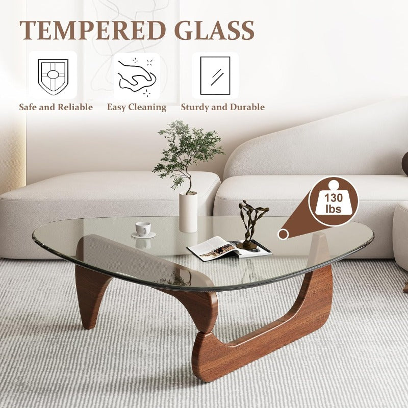 Quality MCM Mid-Century Modern Coffee Table - Triangle Glass Top Natural Wood Base Triangle Coffee Table for Office, Living Room, Bedroom, Patio Office Abstract End Tables