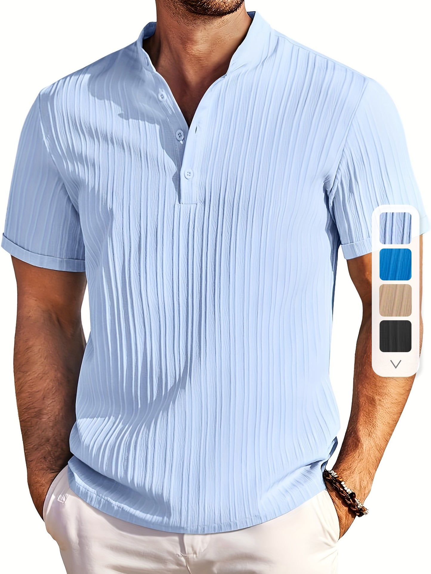 Men's Striped Golf Shirt, Casual Short Sleeve Stand Collar Shirt For Outdoor