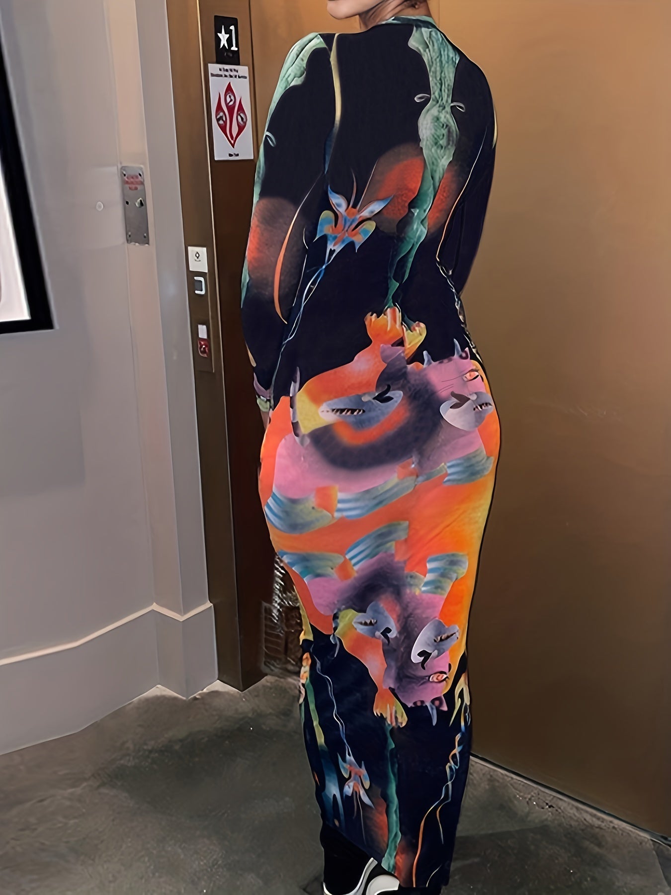 Abstract Print Bodycon Dress, Sexy Long Sleeve Maxi Dress, Women's Clothing