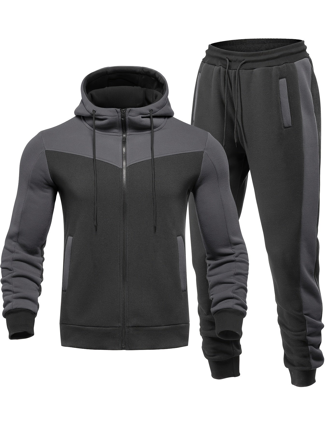 Polyester Hooded Activewear Set for Men - Long Sleeve Patchwork Sports Jacket and Pants with Pockets, Casual Hiking Outdoor Sweat Suit, Four Seasons Knit Fabric Regular Fit Track Suits