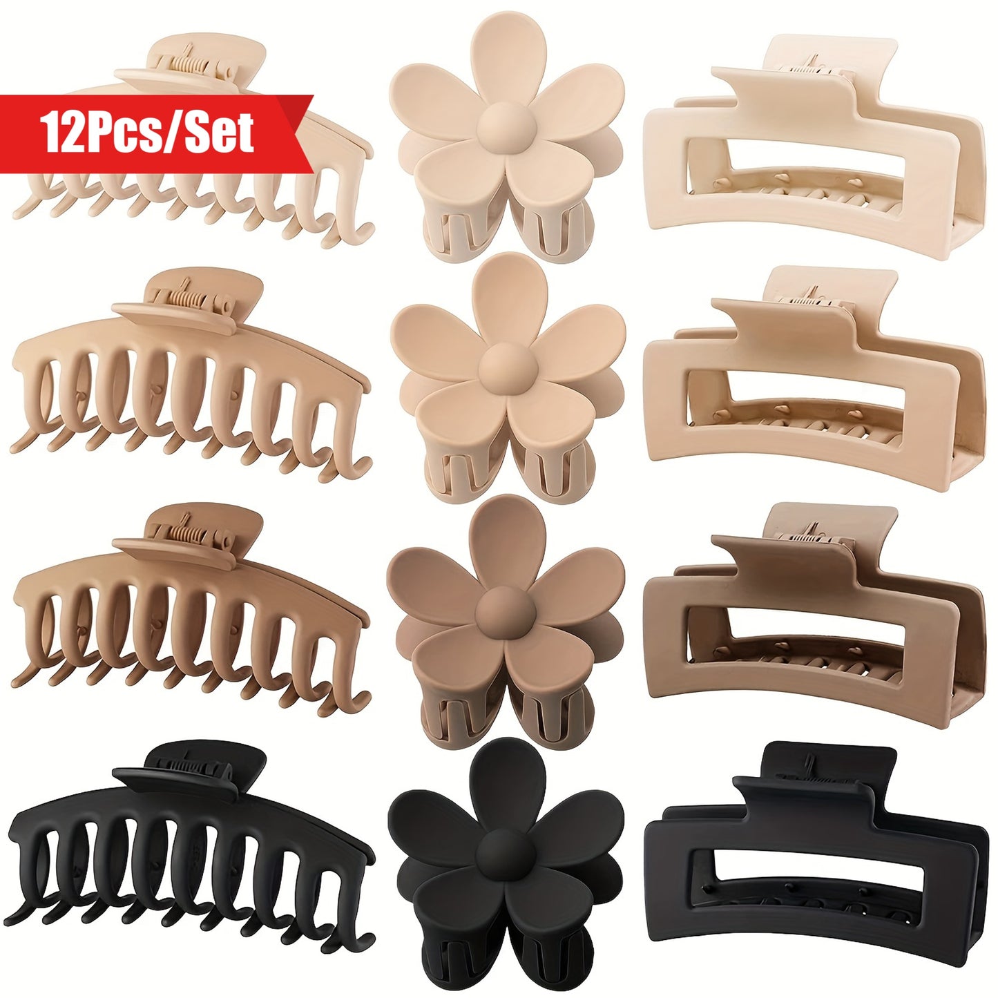 12pcs/set Hair Claw Clips - Flower Shape, Square, Ponytail Holder - Hair Accessories For Women