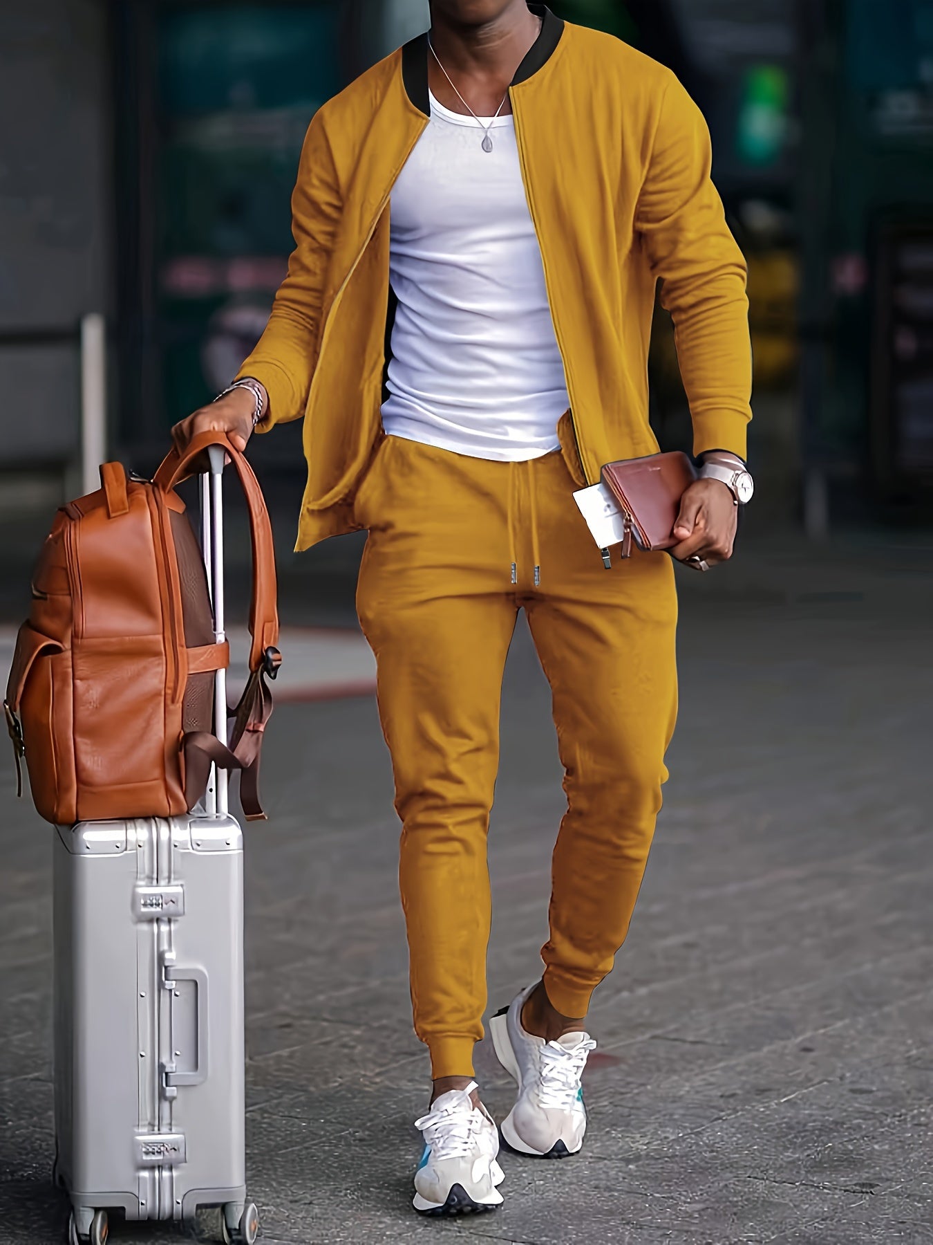 2pcs Business Casual Men's Solid Collar Jacket & Slim Fit Joggers Set, 2-Piece Outfit