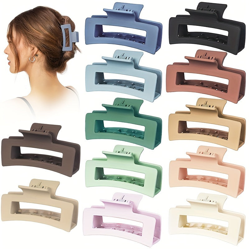 12pcs Large Matte Hair Claw Clips for Women - Solid Color, Non-Slip, Durable Resin Rectangle Shark Clips for Easy Updos & Styling