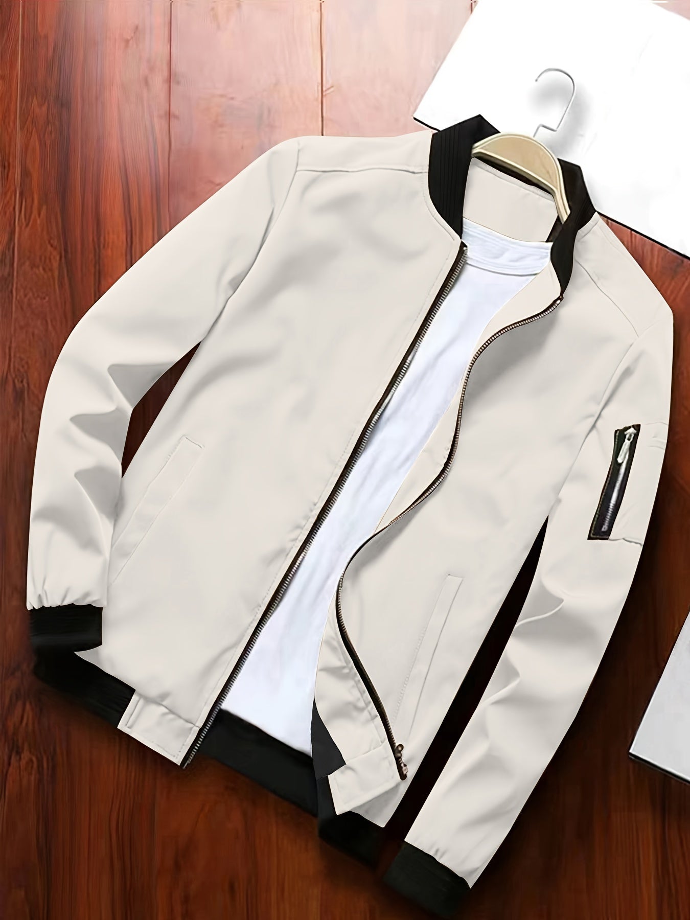 Men's Casual Full Zip Bomber Jacket, Solid Color Blouson Jacket