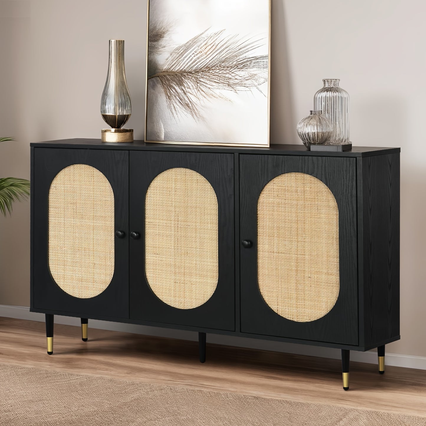 Retro Rattan Sideboard Buffet Cabinet, 47'' Black Rattan Sideboard Cabinet, Kitchen Buffet Storage Cabinet with Golden Legs, 3 Handmade Natural Doors for Living Room, Office, Entry, Hallway