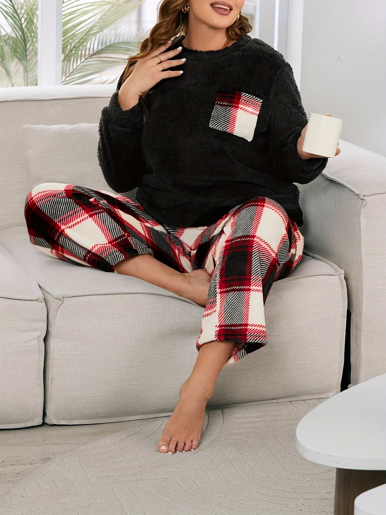 Plus Size Casual Lounge Set, Women's Plaid Pocket Patched Long Sleeve Flannel Top & Pants Pajama 2 Piece Set For Fall & Winter