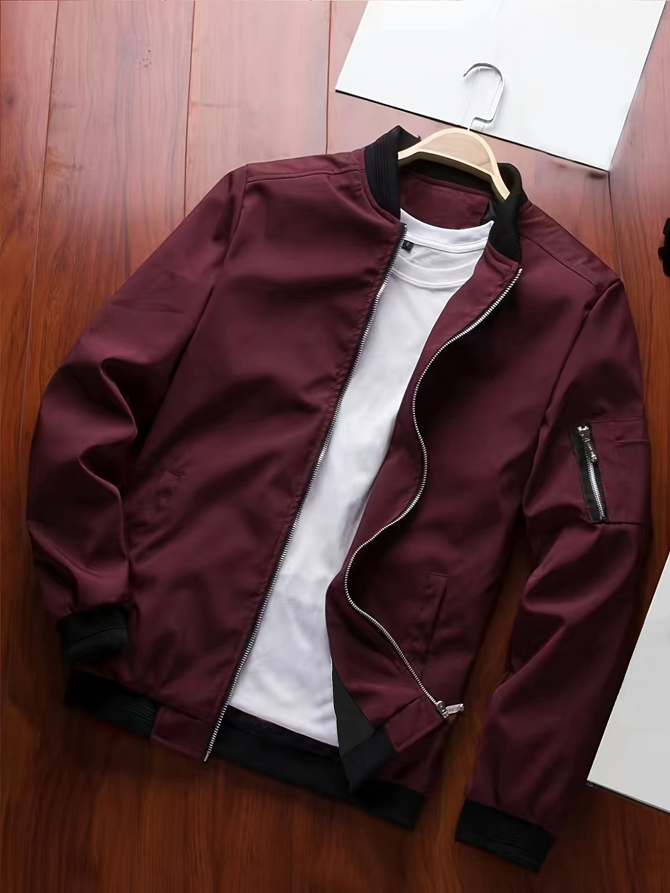 Men's Casual Full Zip Bomber Jacket, Solid Color Blouson Jacket