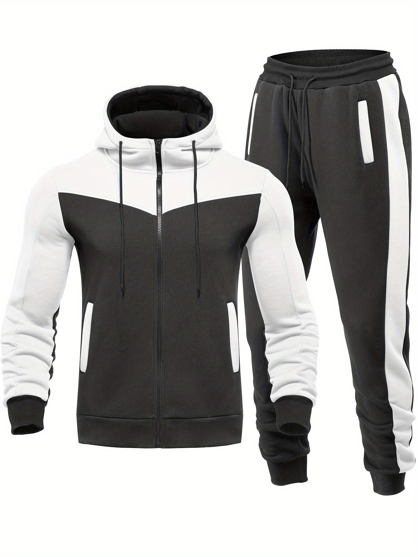Polyester Hooded Activewear Set for Men - Long Sleeve Patchwork Sports Jacket and Pants with Pockets, Casual Hiking Outdoor Sweat Suit, Four Seasons Knit Fabric Regular Fit Track Suits