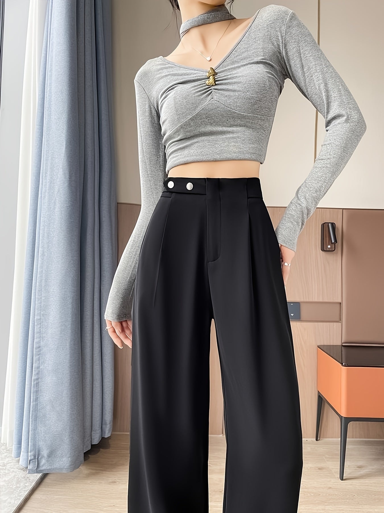 Elegant Street High-Waist Wide-Leg Suit Pants for Women - Slimming, Casual Long Trousers with Button Detail, Machine Washable