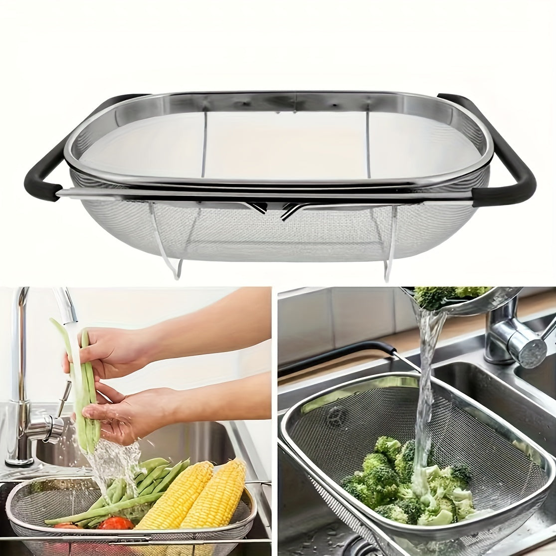 1pc, Over The Sink Stainless Steel Oval Colander, Telescopic Mesh Basket, Stainless Steel Sink Drain, Perfect For Washing Fruits & Veggies, Telescopic Strainer Basket, Kitchen Stuff, Kitchen Gadgets