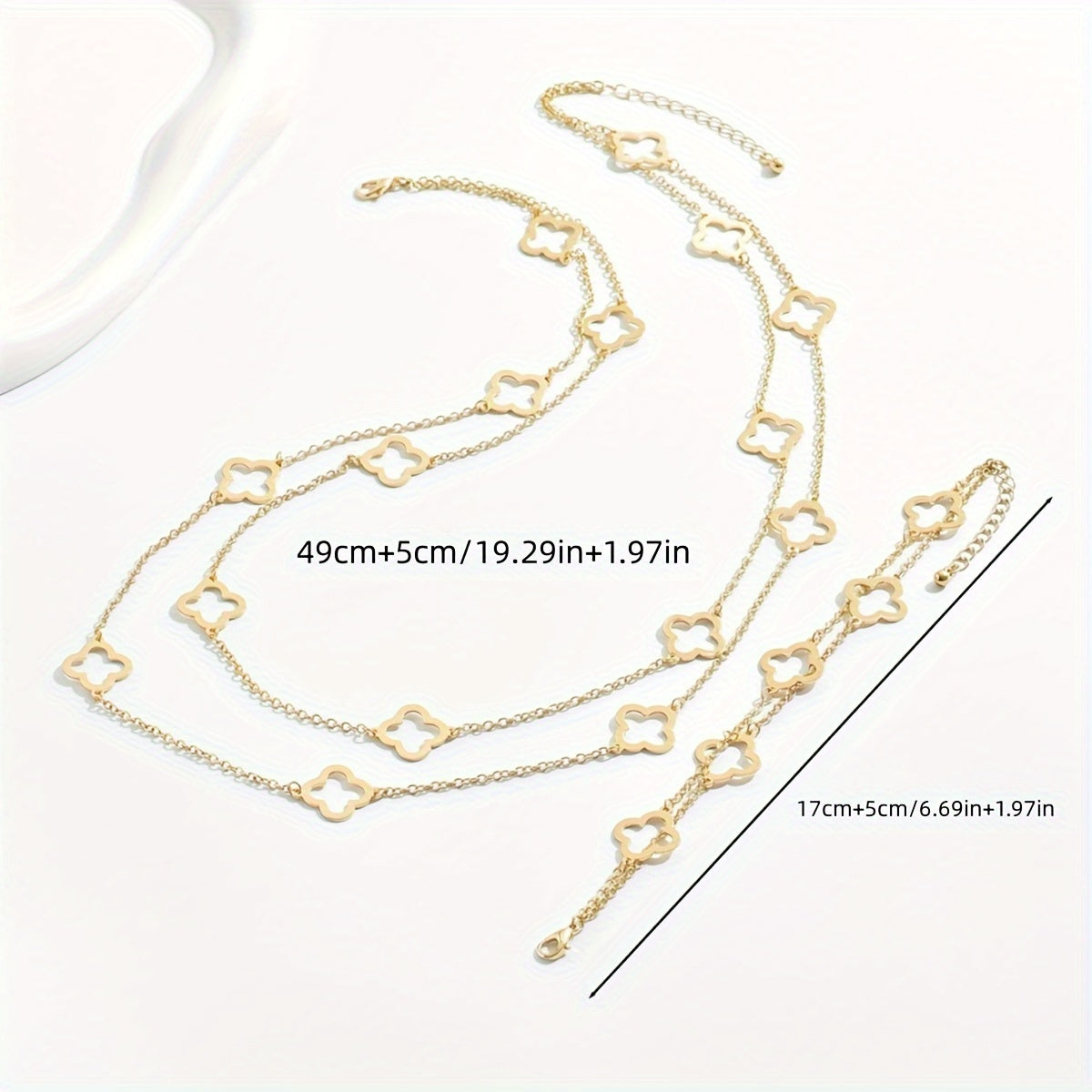 2pcs Double Layer Hollow Four-Leaf Clover Necklace & Bracelet Set