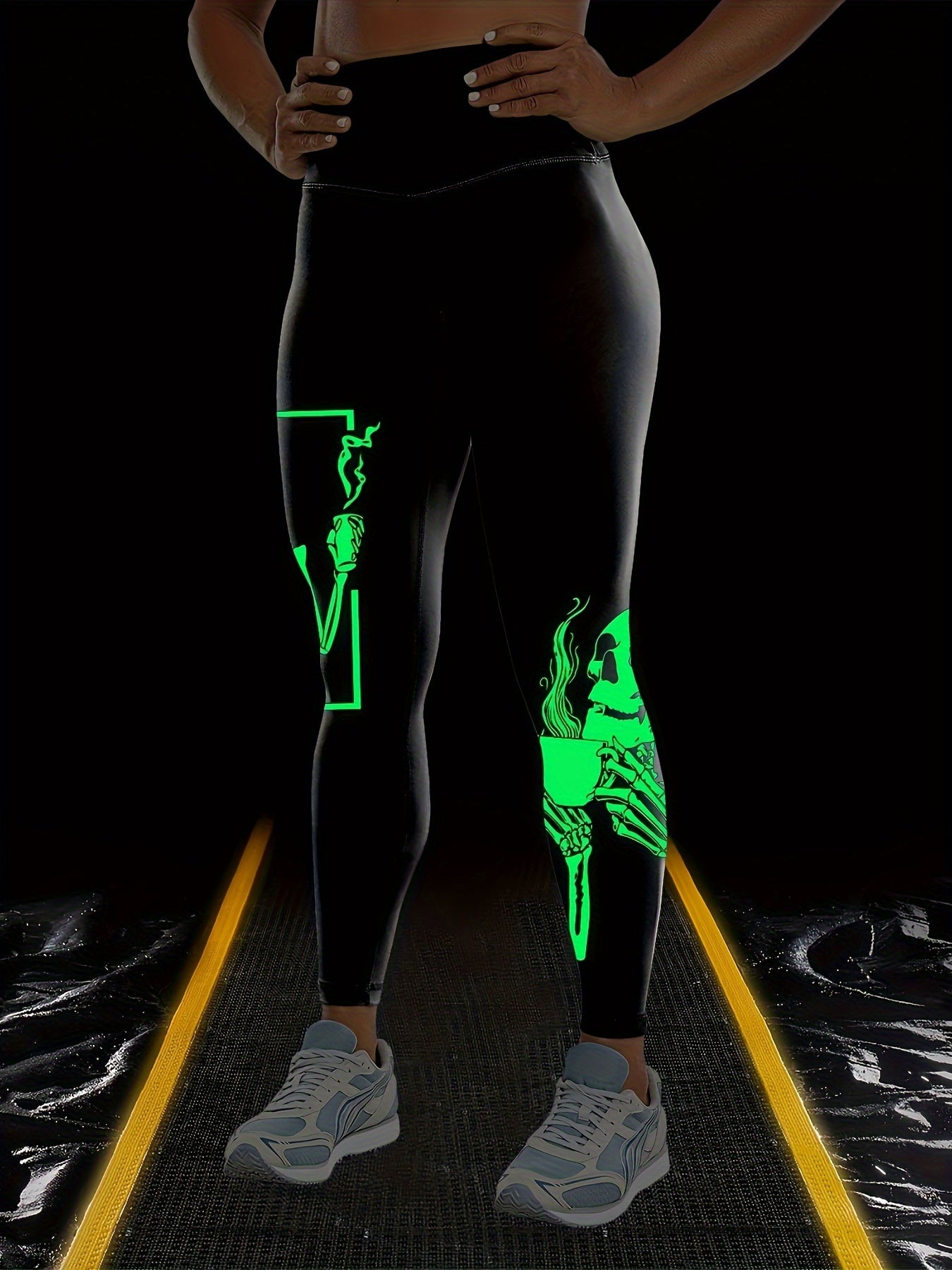 Women's Glow in the Dark High Waist Tummy Control Halloween Skeleton Printed Leggings