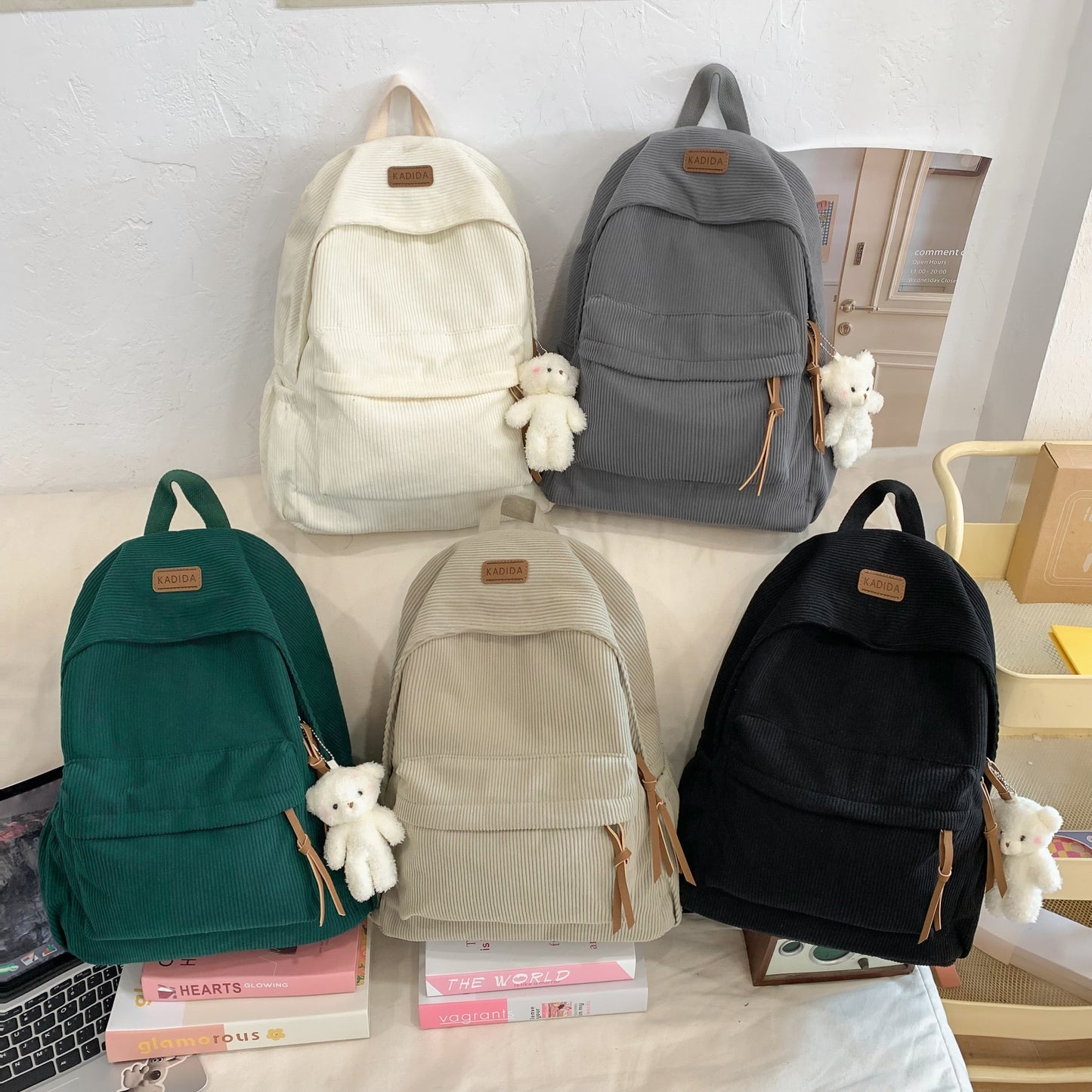 Chic Corduroy Backpack with Cute Bear Charm - Spacious & Versatile, Perfect for High School & College - Available in Khaki, Gray,, Green, Black