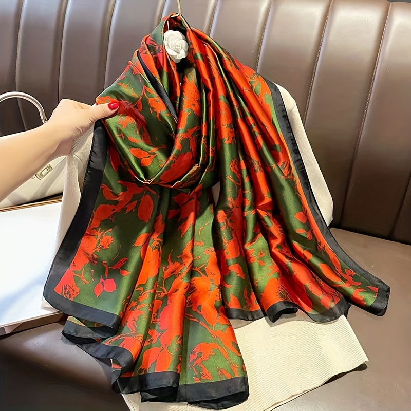 Elegant Red Flower Printed Chiffon Scarf Classic Thin Smooth Satin Shawl Elegant Style Windproof Sunscreen Head Wrap For Women