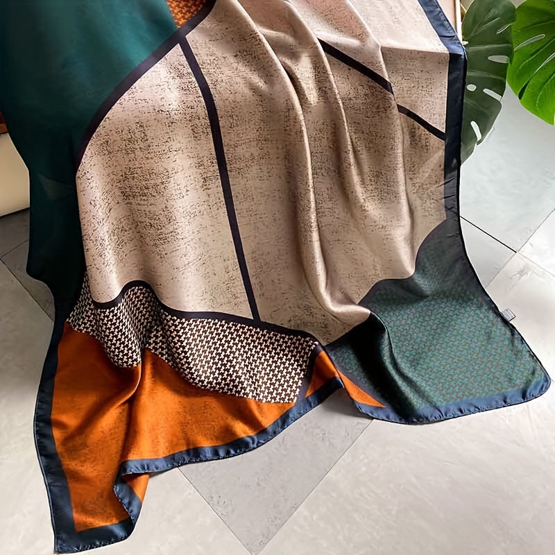 Geometric Print Large Satin Scarf Elegant Color Block Shawl Imitation Silk Windproof Head Wrap Travel Beach Towel Hair Accessories