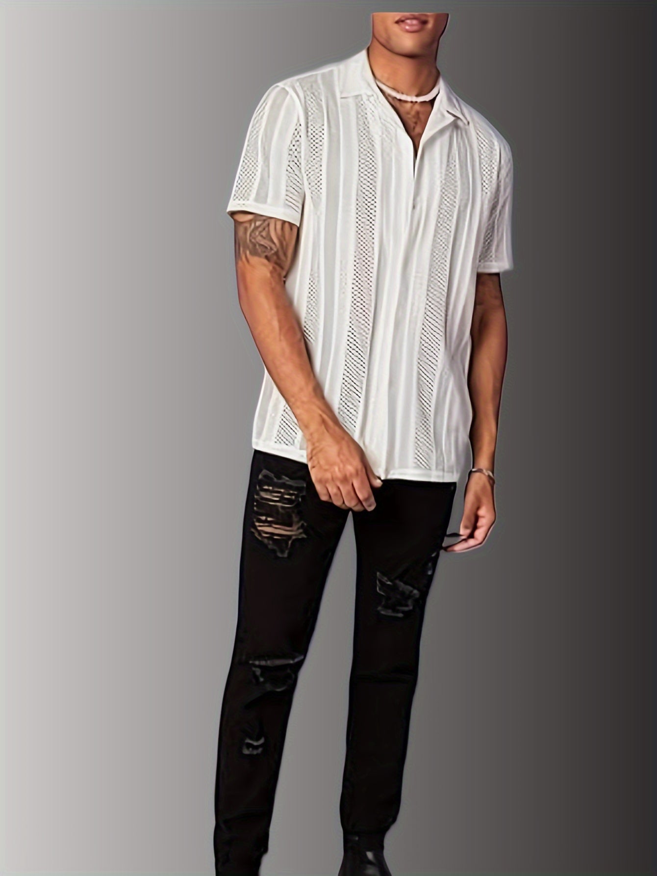 Men's Mesh Hollow-Out Shirt, Street Style, Breathable Short Sleeve Summer Top, Casual Fashion Shirt