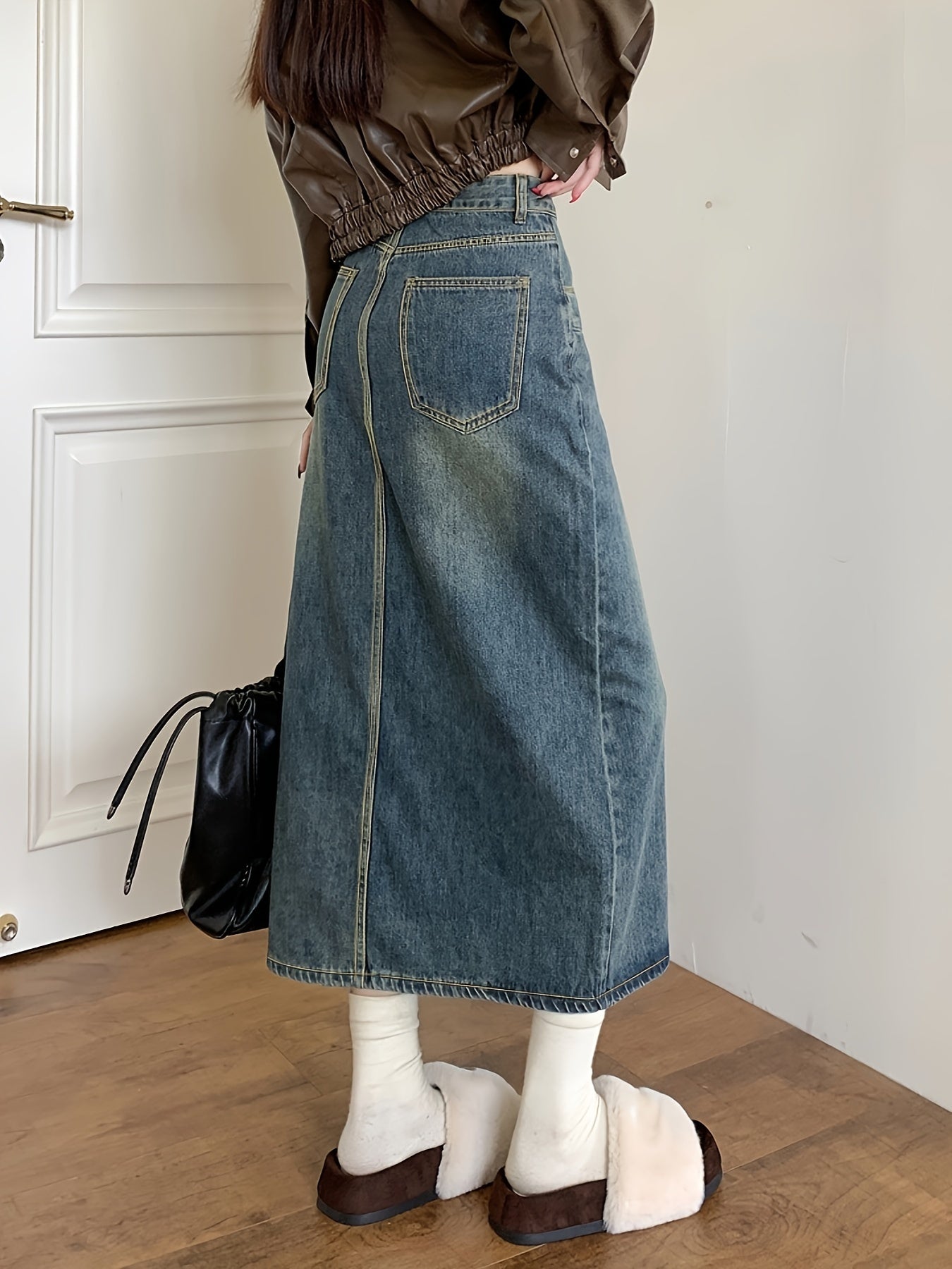 High-Waisted Denim Skirt, Women's Spring Fashion, Vintage Style Midi Split Hem Skirt, Casual Retro Skirt