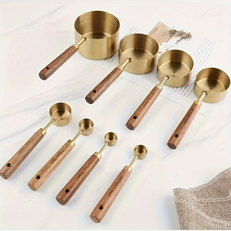 8pcs Luxury Set Stainless Steel Measuring Cups And Spoons With Acacia Wood Handles, Durable Kitchen Baking Tools, Includes Spice Spoon & Coffee Scoop, Nesting Design For Easy Storage