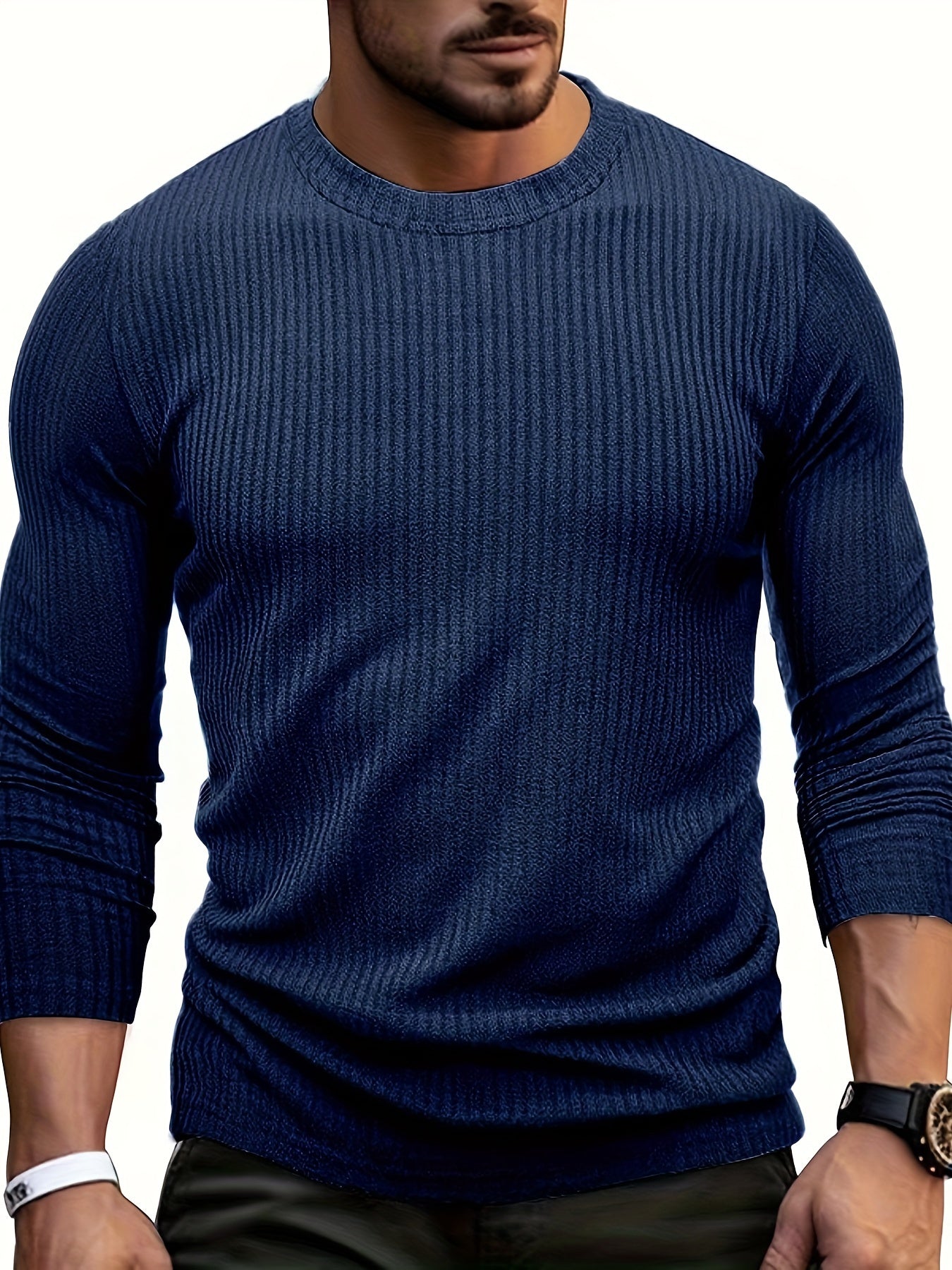 Men's Casual Crew Neck T-Shirt - Polyester Knit Striped Tee with Elastane, Regular Fit, All-Season Comfort, Fashionable Layering Staple