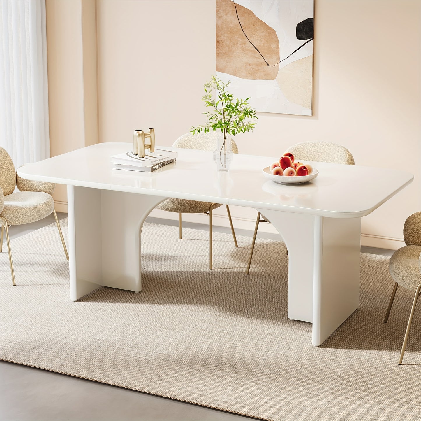 "Modern Rectangular Dining Table with Arch Legs, Cream White, 62.99"" Inches, Seats 4-6"