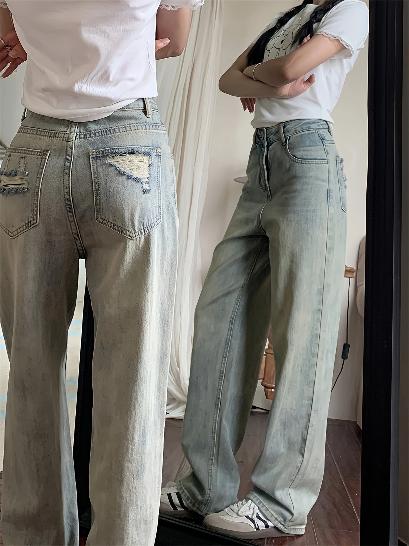 High-Waisted Relaxed Fit Jeans, Cotton And Polyester Blend, Classic Retro Style, Machine Washable, Straight Leg, Casual Bottoms For Women
