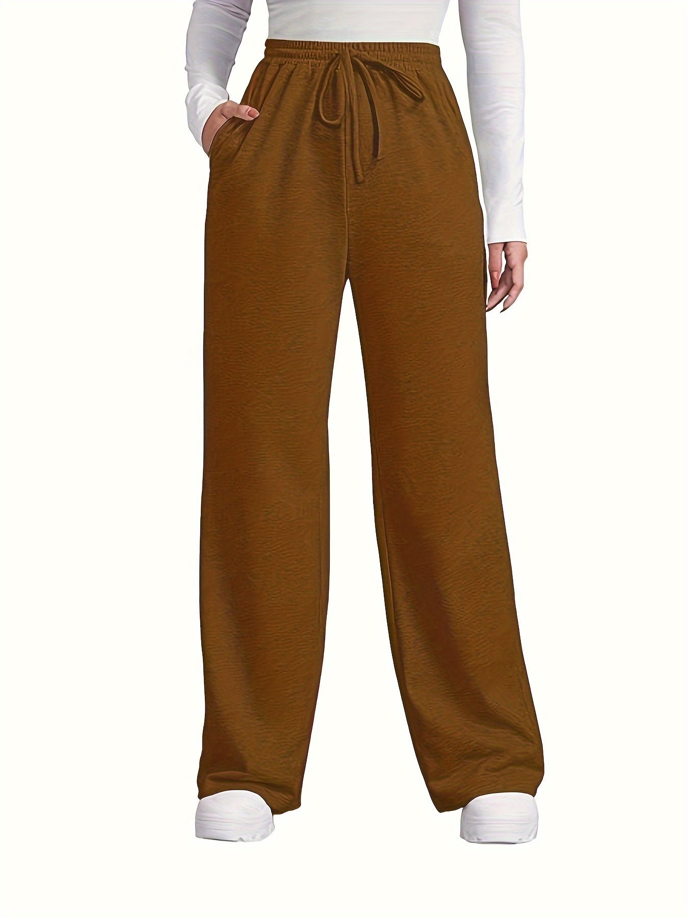 Solid Color High Waist Sport Pants, Casual Drawstring Knitted Loose Pants For Every Day, Women's Clothing