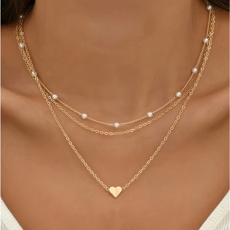 3pcs/Set Ladies Heart Charm Faux Pearl Necklace Stackable Iron Necklace Female Jewelry Gift