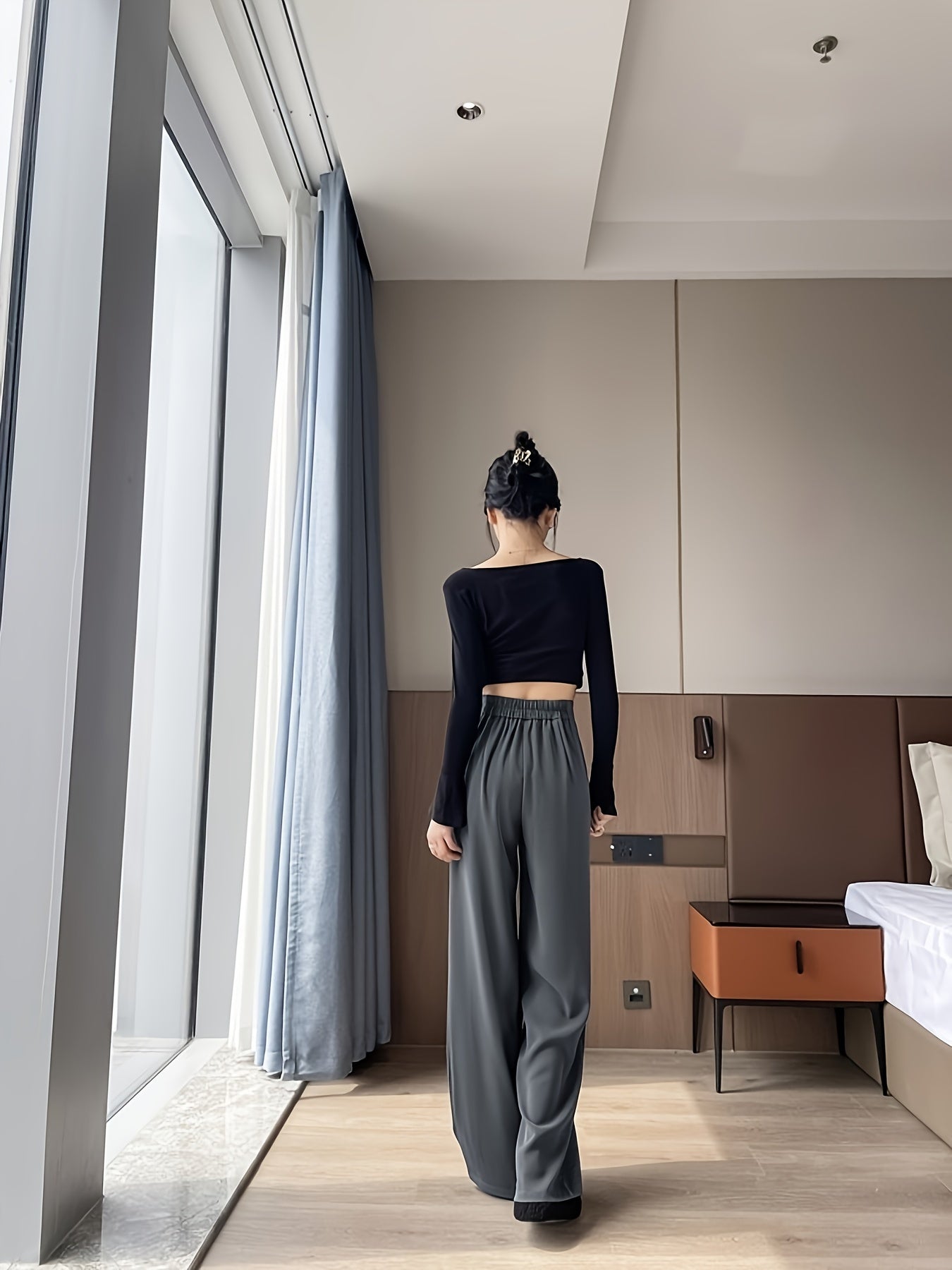 Elegant Street High-Waist Wide-Leg Suit Pants for Women - Slimming, Casual Long Trousers with Button Detail, Machine Washable