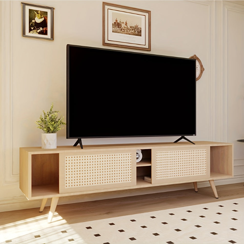Rattan TV Stand with Double Sliding Storage, Natural, Living Room Cabinet