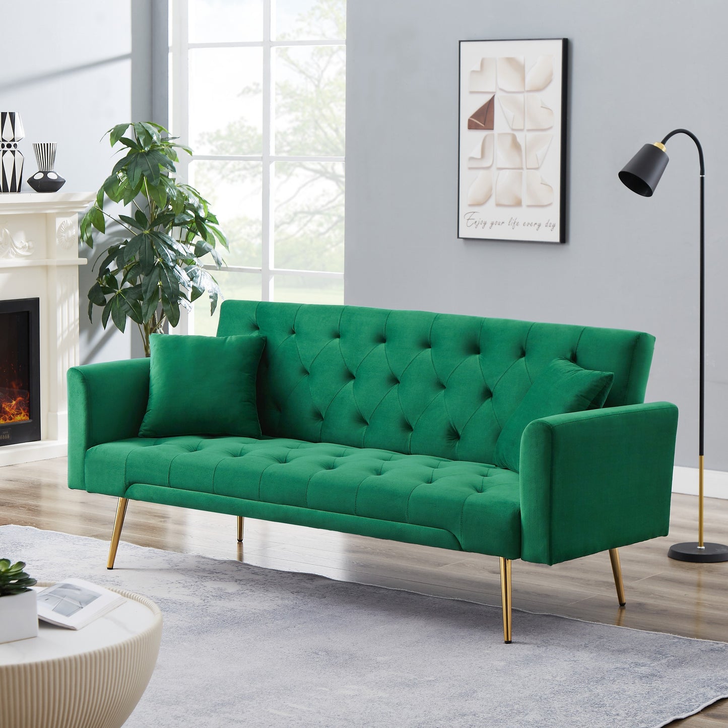 1 pc 70.07 Inch Velvet Convertible Futon Sofa Bed with Metal Legs and Pillows, Simple and Comfortable Living Room or Bedroom Office Sofa