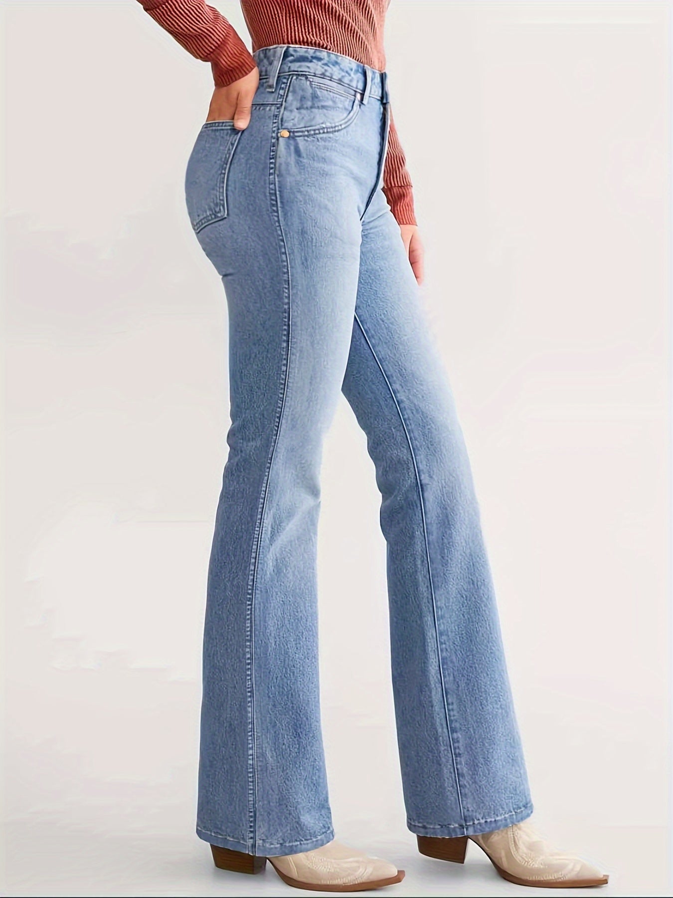 Casual Plain Denim Jeans, High Rise Button Fly Bootcut Denim Pants, Women's Denim Jeans & Clothing