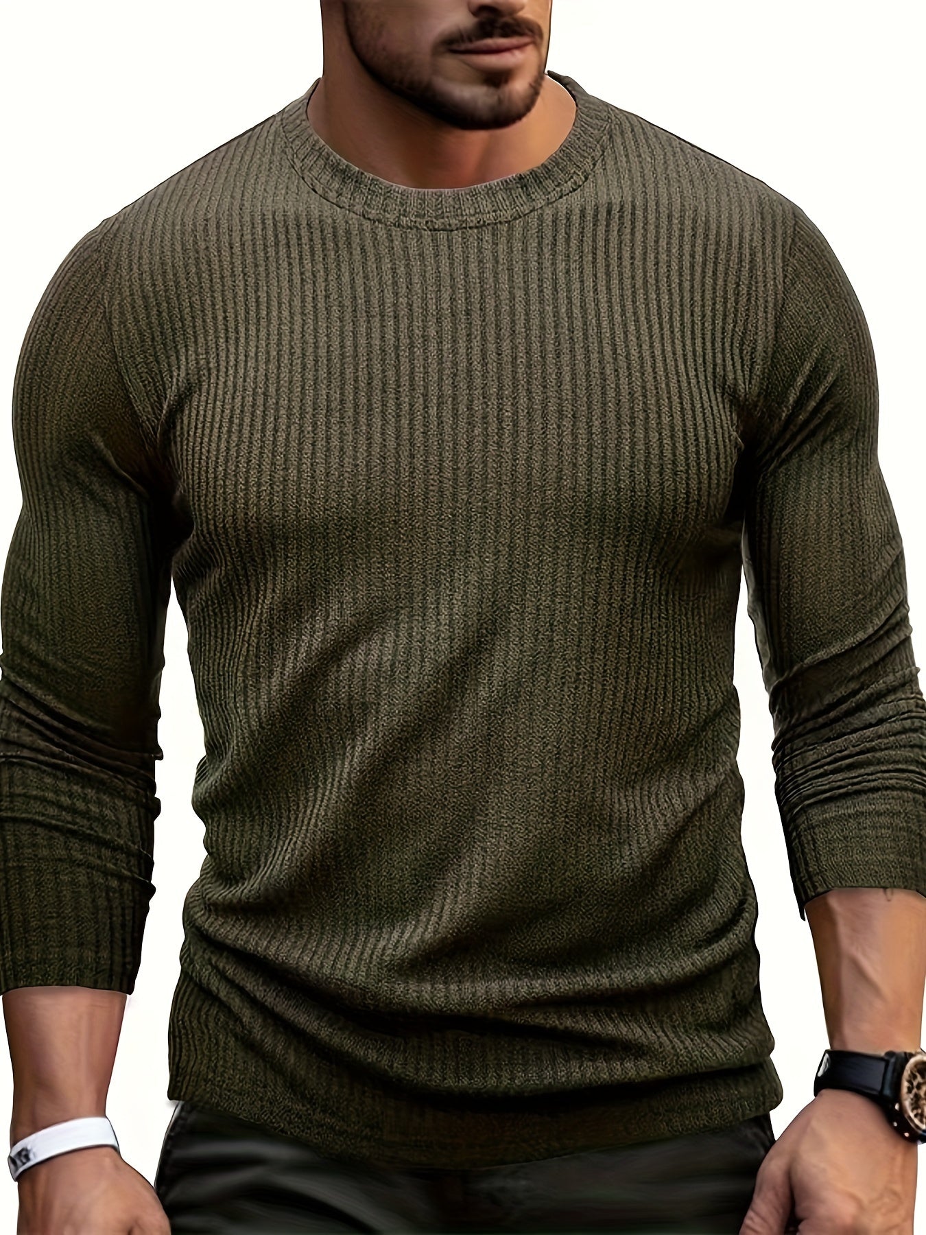 Men's Casual Crew Neck T-Shirt - Polyester Knit Striped Tee with Elastane, Regular Fit, All-Season Comfort, Fashionable Layering Staple