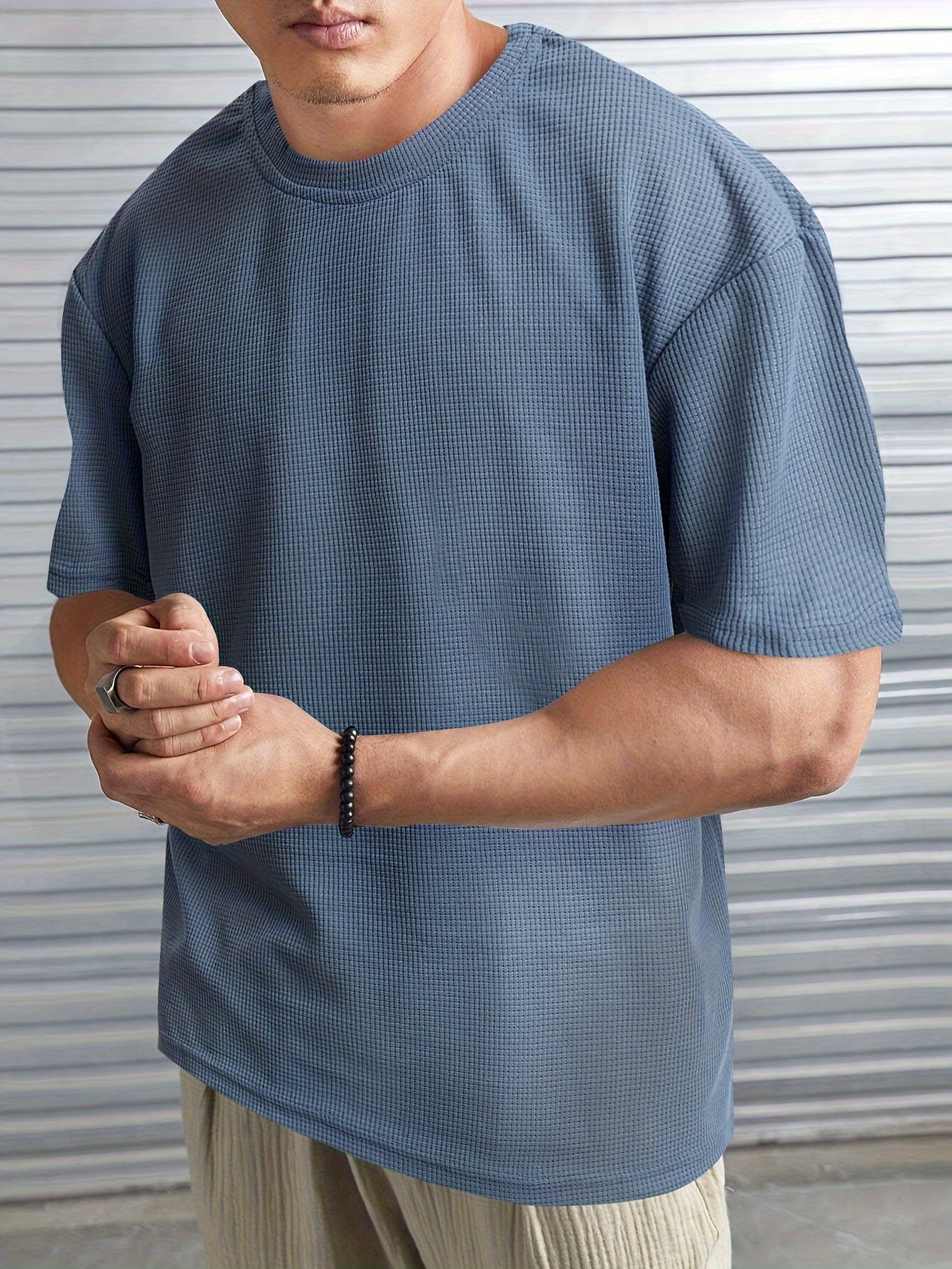 Men's Solid Knitted T-shirt, Casual Short Sleeve Crew Neck Tee, Men's Clothing For Summer Outdoor