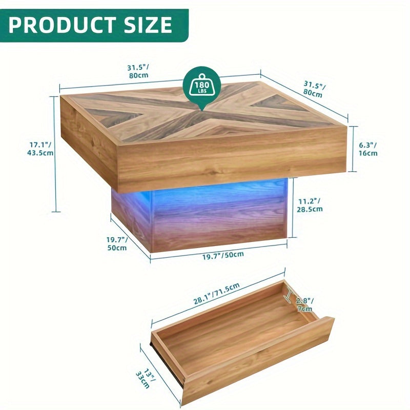 Modern Luxury Farmhouse Square LED Coffee Table with Storage, Brown, Office, Outdoor Living Room Center Table