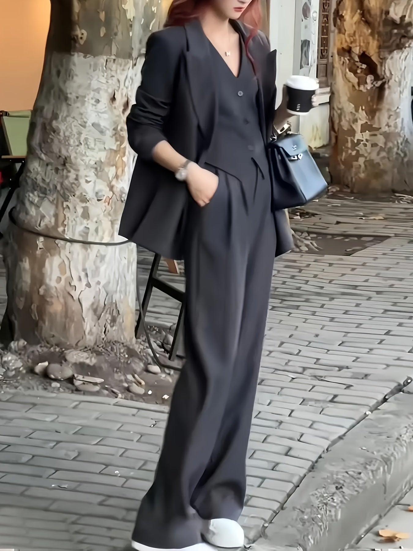 3 Pcs Classic Blazer & Vest & Pants Outfit, Long Sleeve Button Front Lapel Blazer & V Neck Sleeveless Vest & High Waist Straight Leg Pants, Women's Clothing