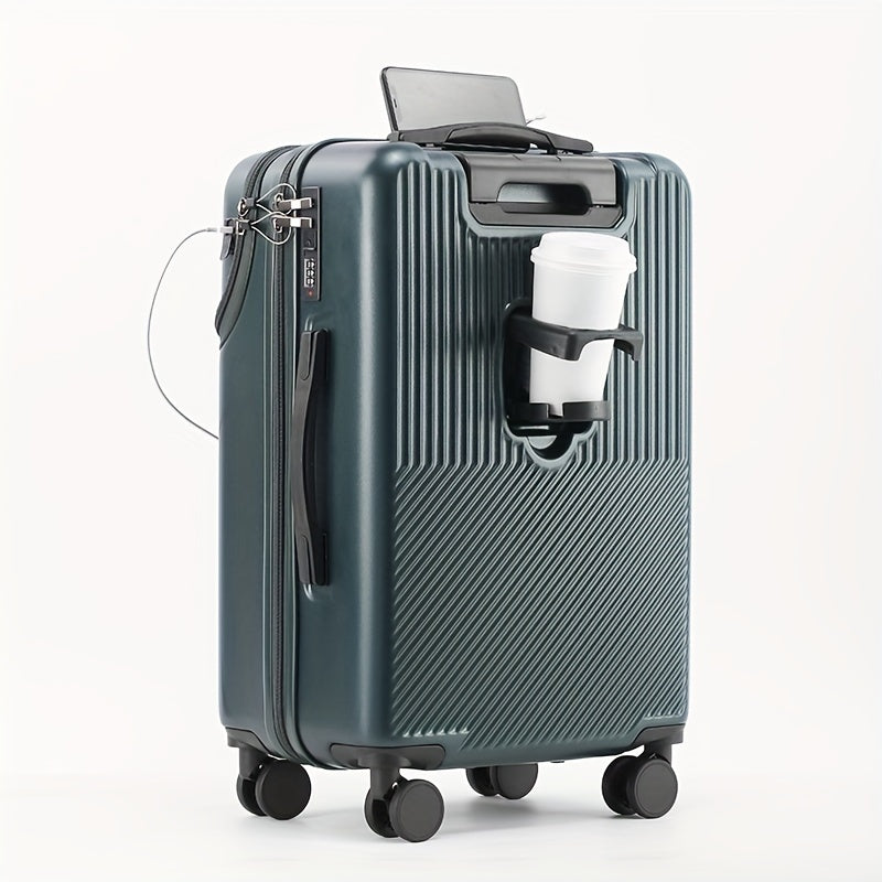 1pc Women's 20-Inch Lightweight Business Trolley Case with Cup Holder, Front Open, 24-Inch Travel Suitcase for Men and Women
