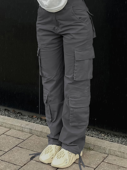 Long Length Wide Leg Cargo Pants with Flap Pockets - Soft Cotton, Micro Elasticity, Machine Washable - Perfect for Weekend Casual, Spring & Summer, Womens Young Style Clothing