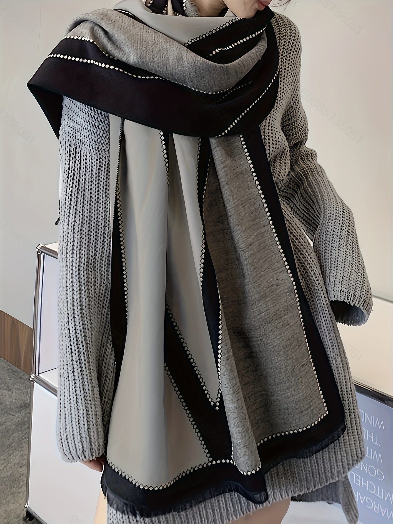 Plus Size Geometric Pattern Linen Scarf, Cozy Color Block Shawl for Fall & Winter