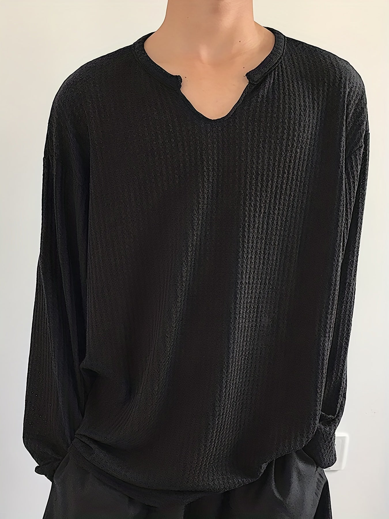 Men's Stylish Long Sleeve V Neck Shirt, Men's Casual Vintage Style Tee Tops